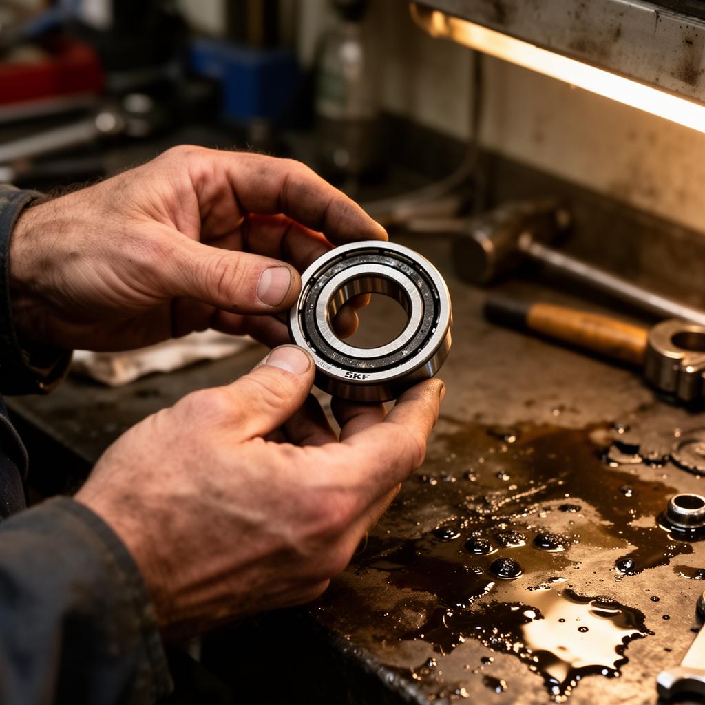 Engineer inspecting an SKF bearing
