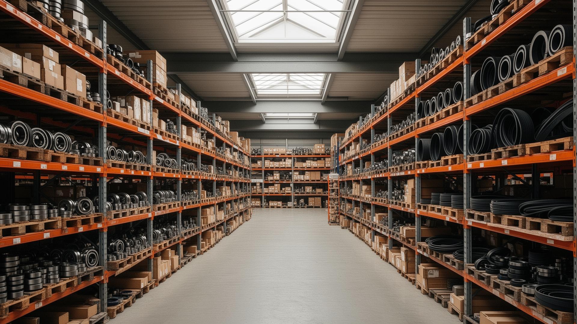 3Q warehouse aisles, stocked with bearings and drive belts